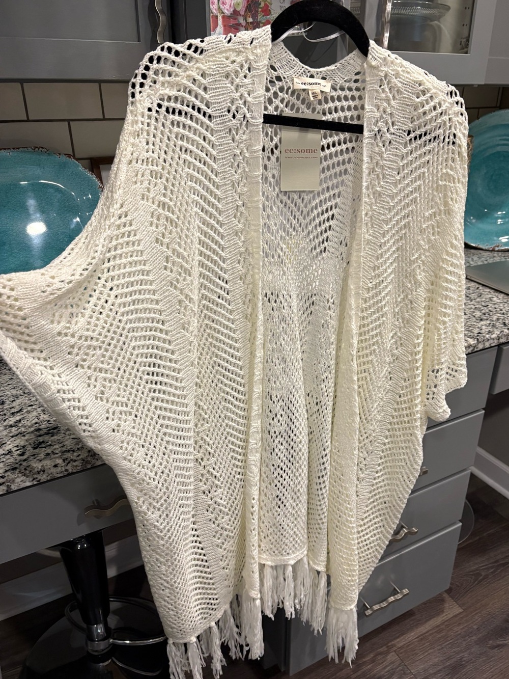 Open Crochet Fringe Cardigan - White